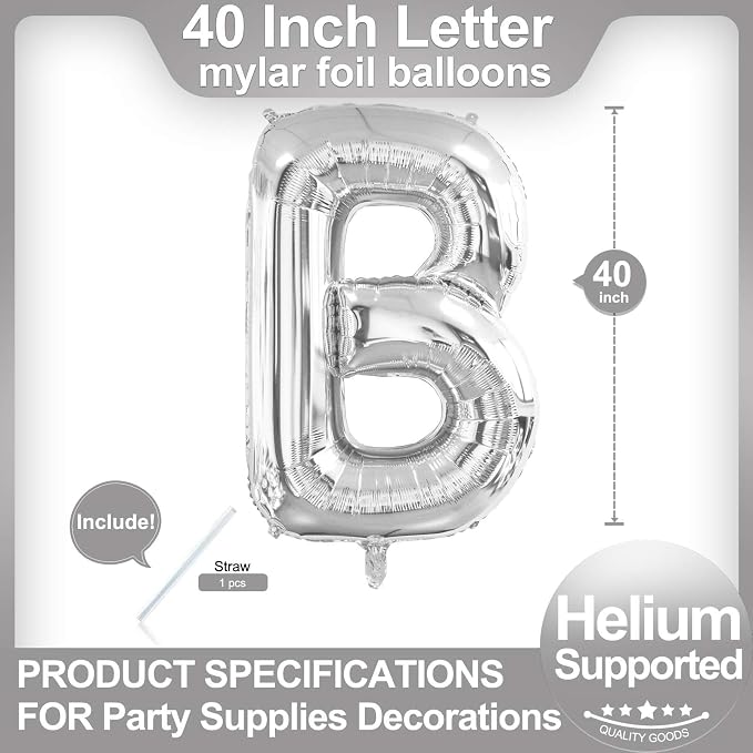 40 Inch Silver Letter B Balloons, DIY Phrase Foil Alphabet Letter B Balloons - Image 2