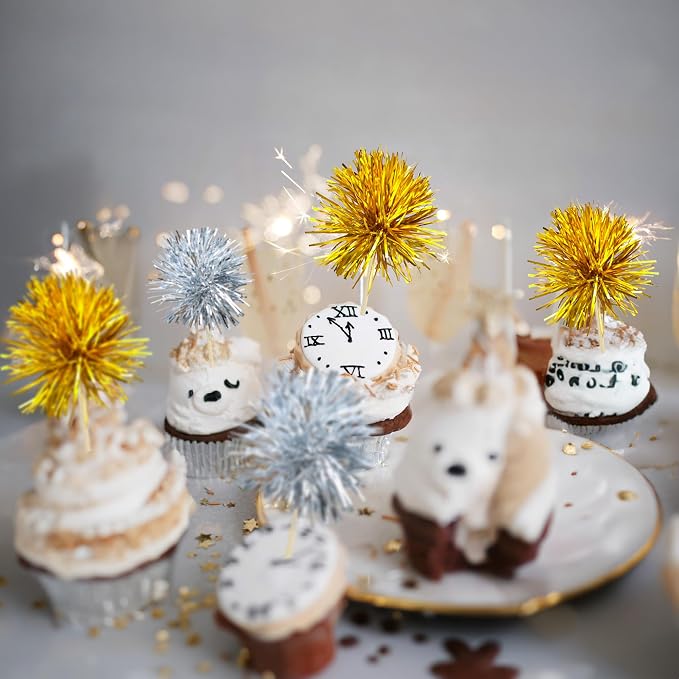Gyufise 30Pcs Foil Firework Cupcake Toppers Sparkle Tinsel Cake Toppers Tinsel - Image 7