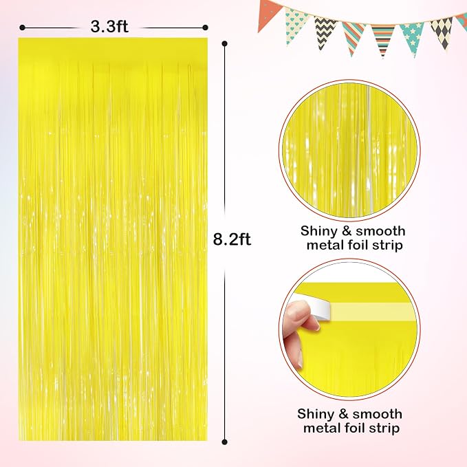 Macaron Yellow Metallic Tinsel Foil Fringe Curtains, 2 Pack 3.3x8.3 Feet - Image 2
