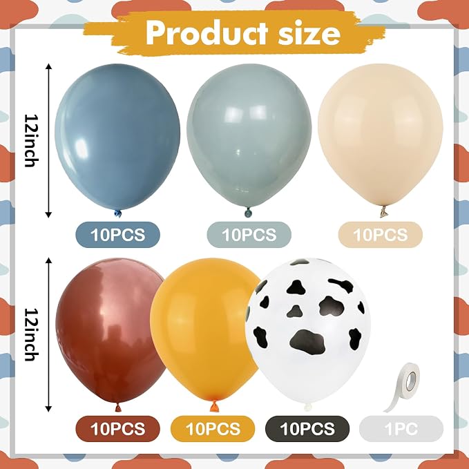 Cow Print Balloons, 12 Inch Cowboy Dusty Slate Blue Brown Yellow Sand White - Image 3