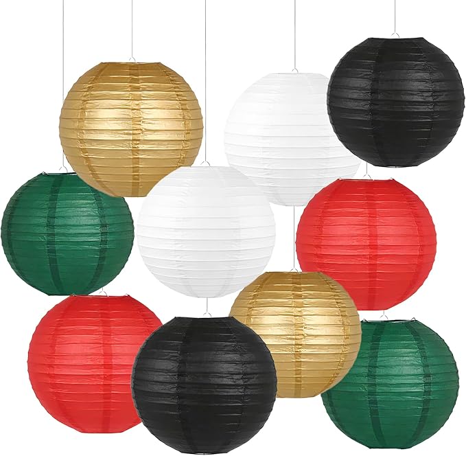 10 Pcs Paper Lanterns Decor, 8 & 10 Inch Hanging Round Lanterns in Red Black by AimtoHome