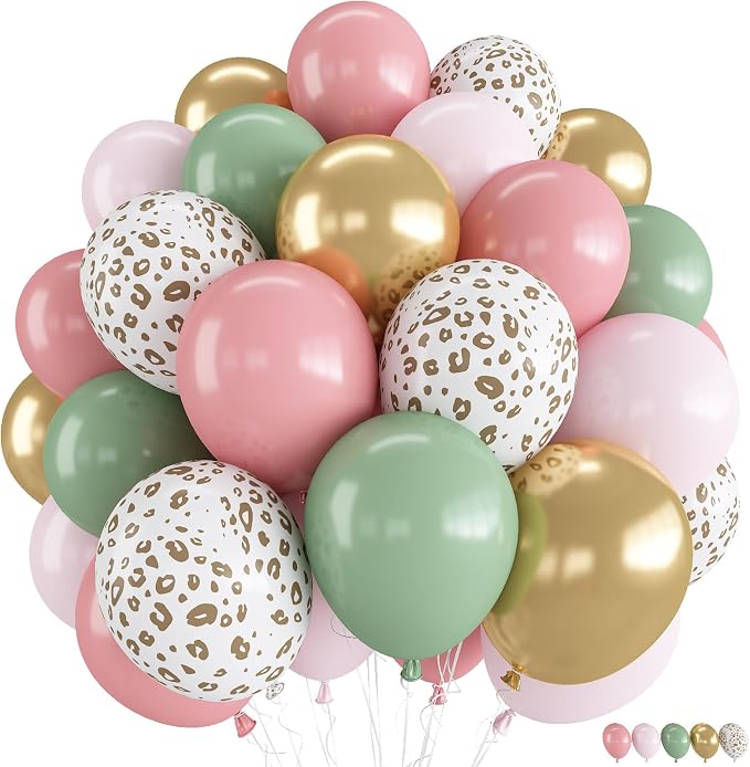 Pink and Green Balloons, Jungle Safari Balloon 12 Inch Leopard Cheetah Print by Jobkoo