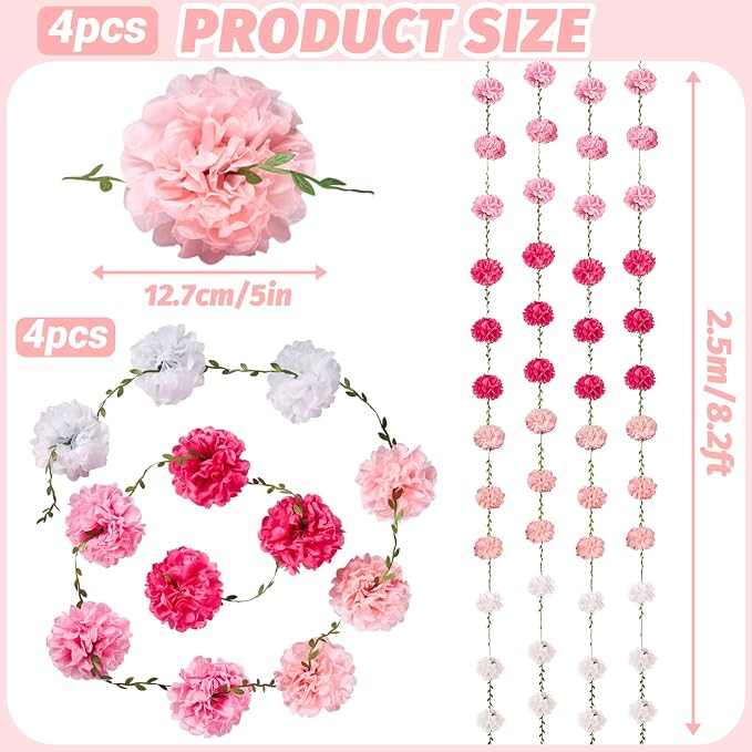 Gradient Pink Tissue Paper Pom Pom Garlands, Paper Flowers - Image 2