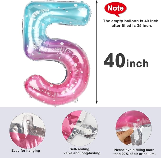 5 Balloon Numbers Birthday Decorations, 40In Pink Purple Blue Balloons | - Image 5
