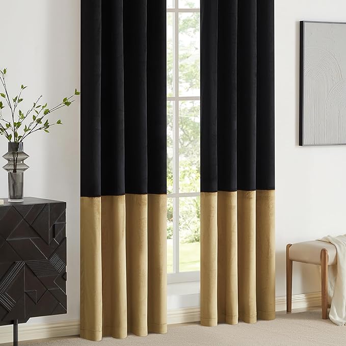 BULBUL Black Gold Color Block Window Curtains Panels 108 inches Long Velvet - Image 4