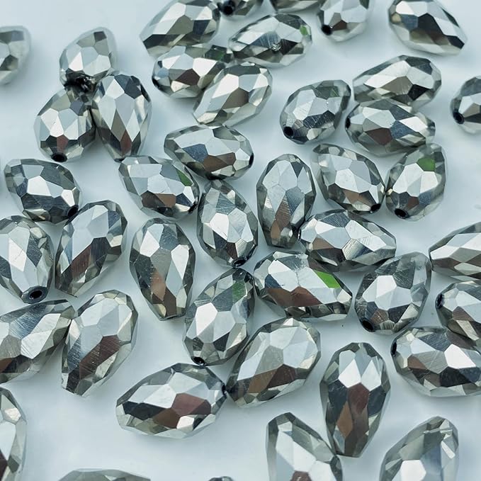100pcs 8x12mm Teardrop Crystal Glass Beads Vertical Hole Faceted Glass Teardrop Spacer Beads for Bracelets Necklace Earring DIY Jewelry Making Craft(Silver)