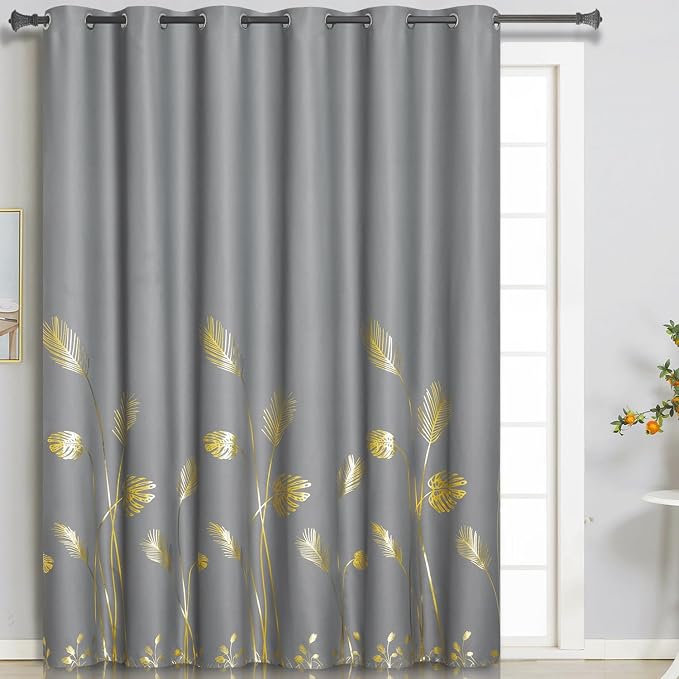 Sliding Glass Door Curtain 80W x 96L Inch Grey and Gold Blackout Curtain Palm by ESTELARTEXTILER