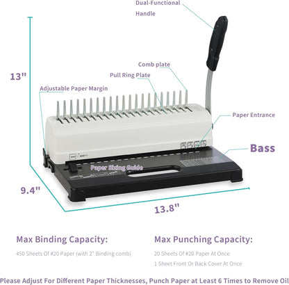 Binditek Binding Machine, 19-Hole, 450 Sheets, Comb Binder Machines with 100 PCS 1/2" Comb Spines, for Letter Size, A5 or Smaller Sizes