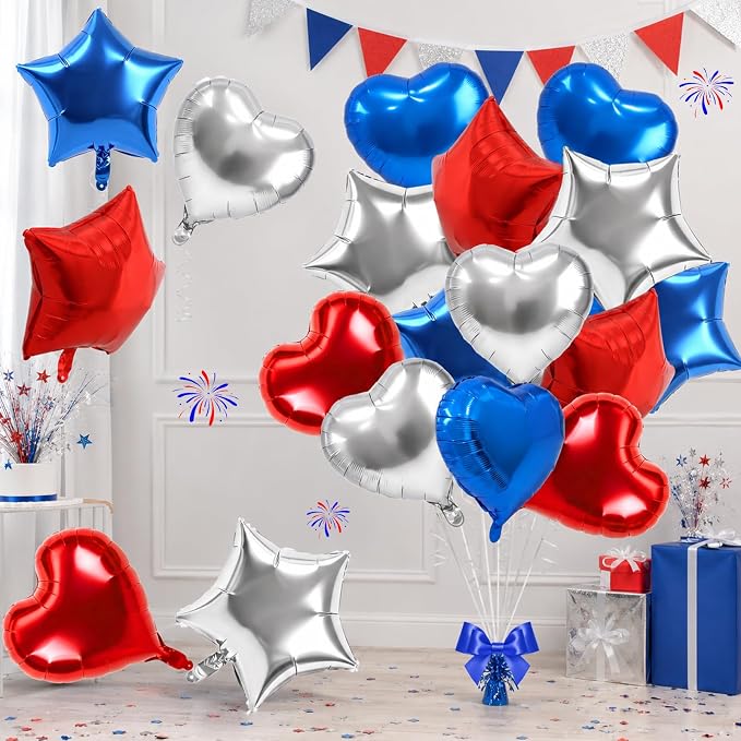TONIFUL 18 Inch Blue Silver Red Star and Heart Foil Balloons by TONIFUL