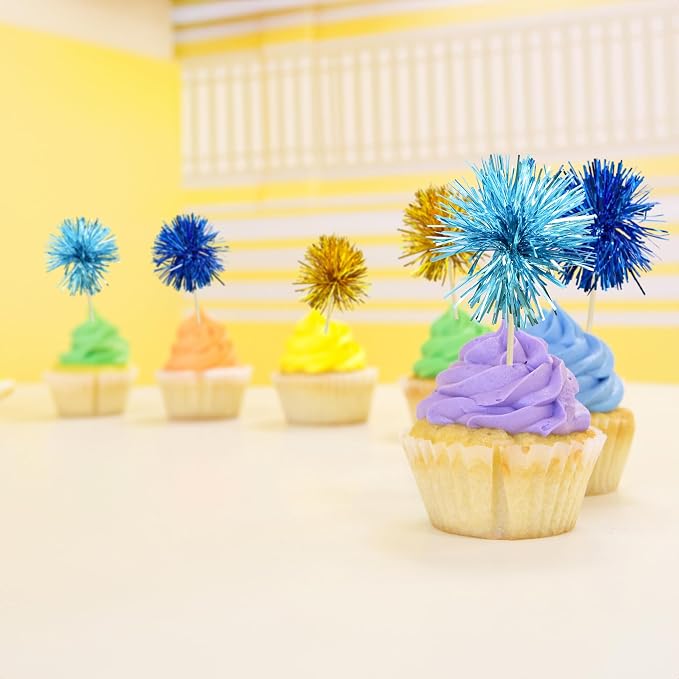 Gyufise 30Pcs Foil Firework Cupcake Toppers Sparkle Tinsel Cake Toppers Tinsel - Image 6