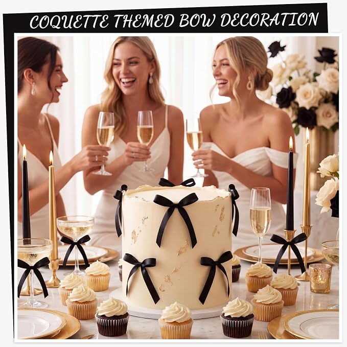 30PCS Black Ribbon Bows for Cakes Pre-Tied Bow Cake Toppers | Ready to Use Cake - Image 3