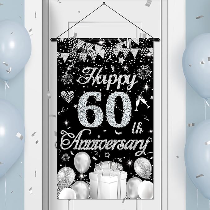 60th Anniversary Decorations Small Banner Black Silver Happy 60th Anniversary by Wayyogh
