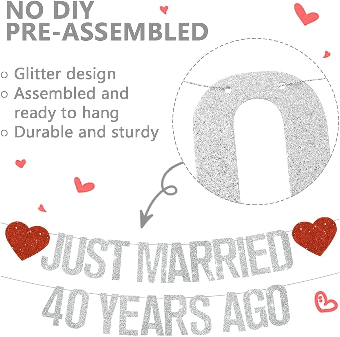 Silver Glitter Just Married 40 Years Ago Banner, NO DIY, Pre-Strung 40th - Image 2