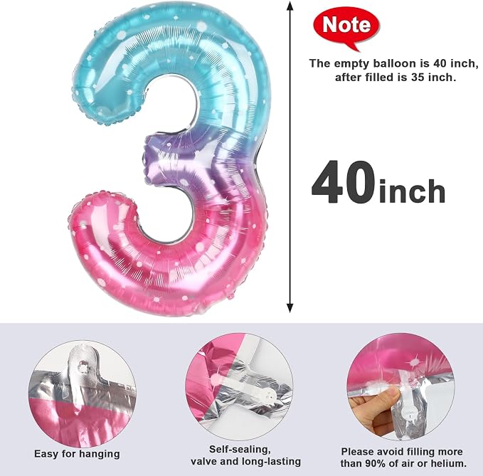 3 Balloon Numbers Birthday Decorations, 40In Pink Purple Blue Balloons | - Image 5