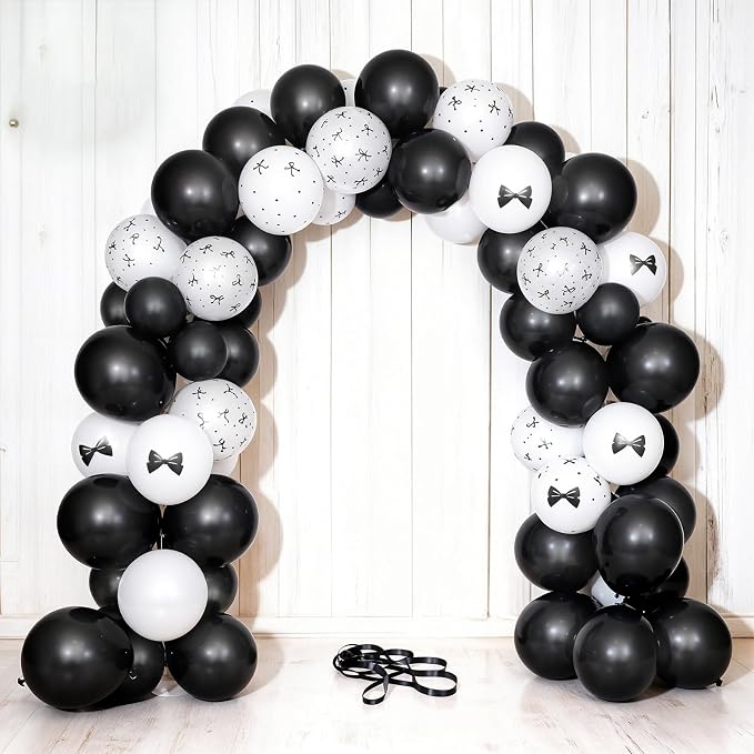 Black and White Bow Balloons, Pearl Black White Bow Print Latex Balloons - Image 9