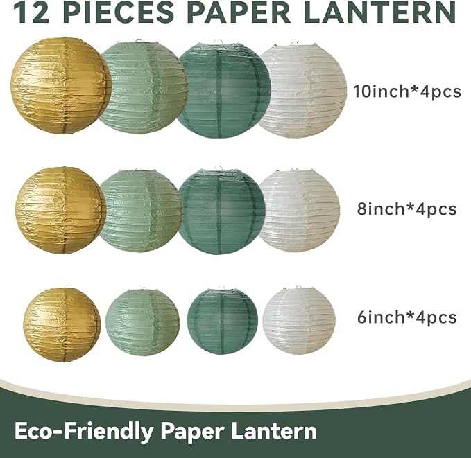 12Pcs Sage Green Gold Paper Lanterns Olive Chinese Hanging Round Paper Lanterns - Image 9