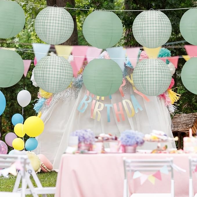 Honoson 12 Pcs Green Gingham Paper Lanterns Decoration10 Inch White and Sage - Image 4