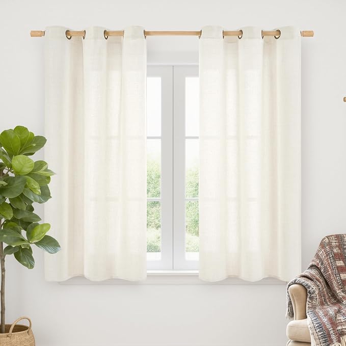YoungsTex Ivory Linen Curtains 48 Inch Length, Short Light Filtering Drapes by YoungsTex