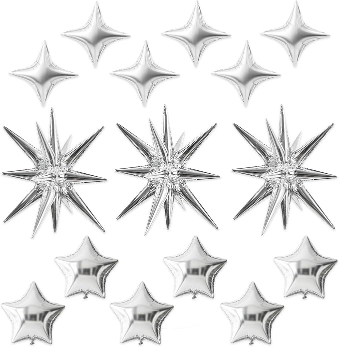 TONIFUL 22Inch 15Pcs Silver Large Explosion Star Mylar Balloons and 10Inch Four by TONIFUL