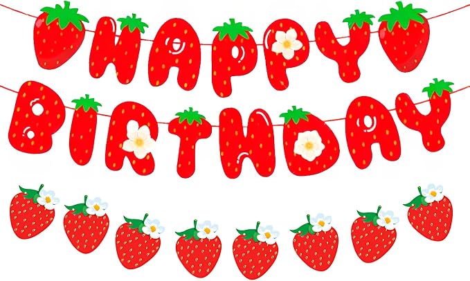 MEETINGU Strawberry Happy Birthday Banner, Strawberry Themed Birthday Party by MEETINGU