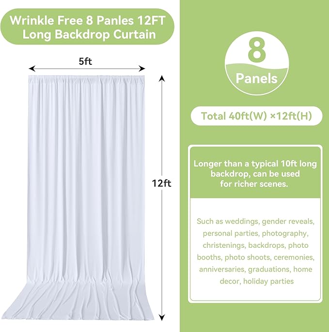 10ftx12ft Wrinkle Free White Backdrop Curtain, 8 Panels 12FT Height White Wedding Backdrop Drapes, Silky Polyester Back Drop Cloth for Birthday Photography Background Party Backdrop Draping