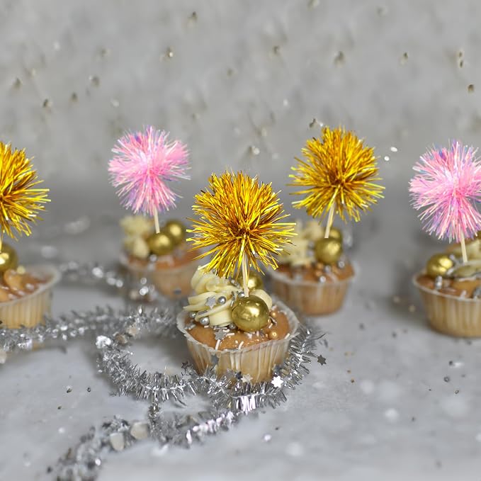 Gyufise 30Pcs Foil Firework Cupcake Toppers Sparkle Tinsel Cake Toppers Tinsel - Image 5