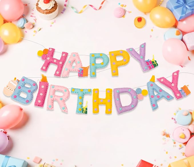 Unique Pre-Strung Handmade Wool Felt Pastel Happy Birthday Banner Garland | 3D - Image 6