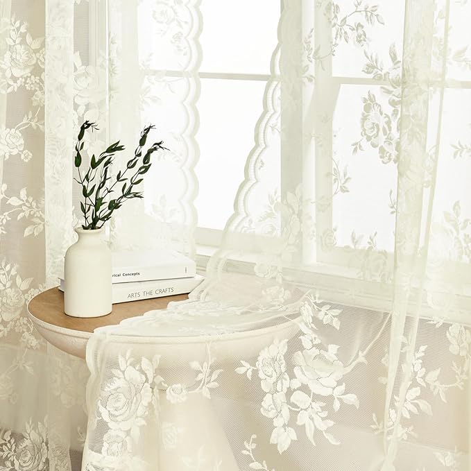 Cream Lace Curtains 108 Inches Long 2 Panels Victorian Floral Sheer Curtains - Image 4