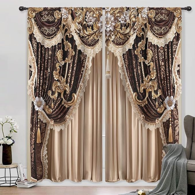Brown Vintage Elegant Luxury No Tassel Living Room Bedroom Window Curtains | - Image 2