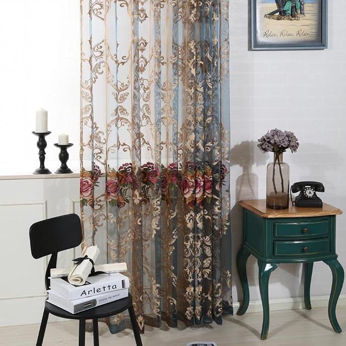 pureaqu Floral Embroidered Sheer Widnow Curtain Rod Pocket 1PC W39 x L84 | - Image 6