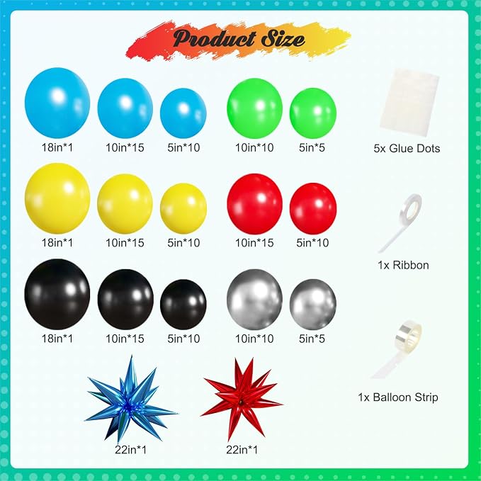 Red Blue Green Yellow Black Balloon Arch Kit, Birthday Decor | 140Pcs Hero - Image 5