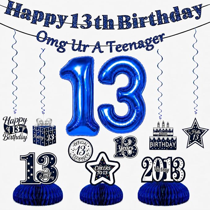 13th Birthday Decorations For Boys, Pre-Strung Navy Blue Happy 13th Birthday & by Unknown