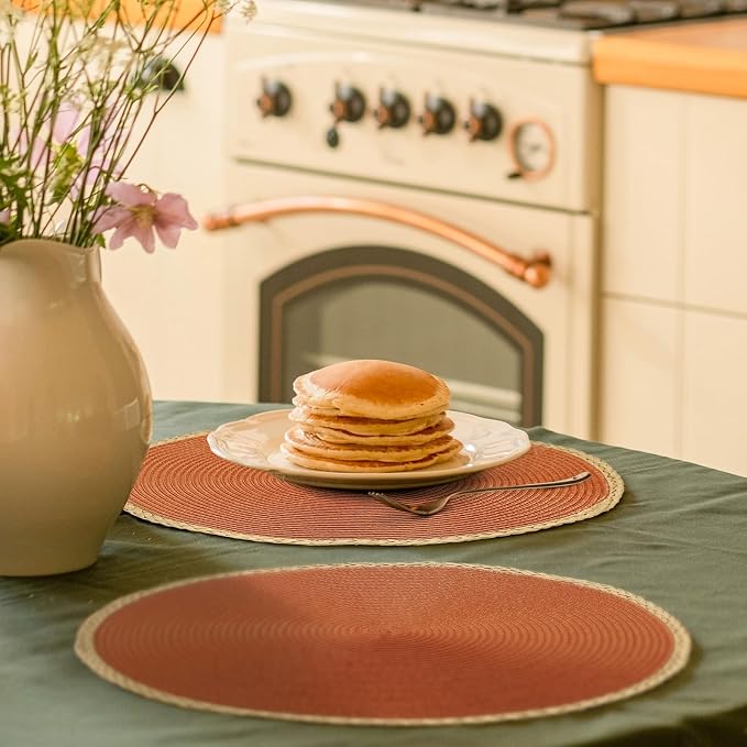 Round Placemats Set of 8, Woven Table Mats, Thin Edge, Dark Orange | Braided - Image 6