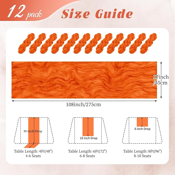 12 Pack Orange Cheesecloth Table Runner 17x108 Inch Semi Sheer Boho Gauze - Image 2