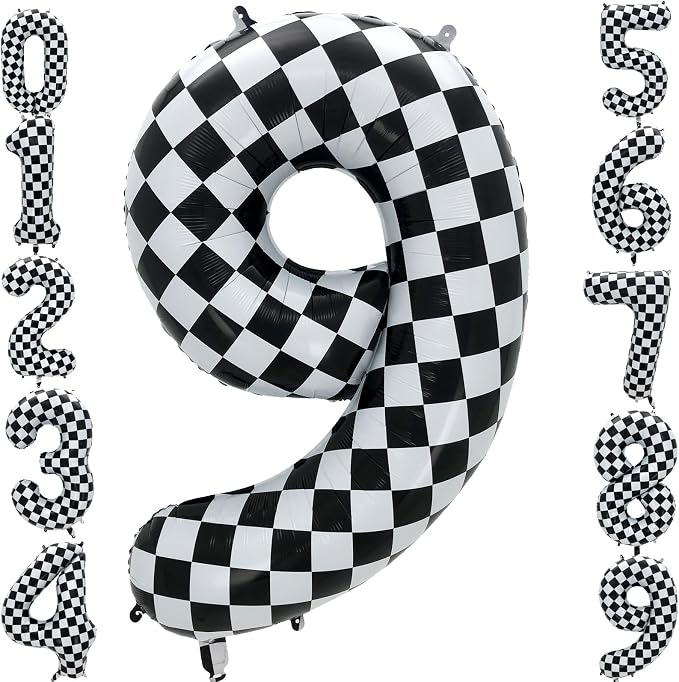 42 Inch Checkered Number Balloon 9, Large Foil Race Car Flag Birthday Party by Eoopoon