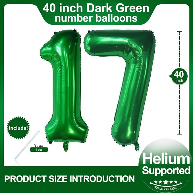 Number 17 Dark Green Balloons 40 Inch Giant Green 17 Numer Foil Helium Balloons - Image 2