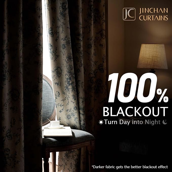 jinchan Blue Floral Linen Blackout Curtains Lined 96 Inch Back Tab 2 Panels | - Image 2