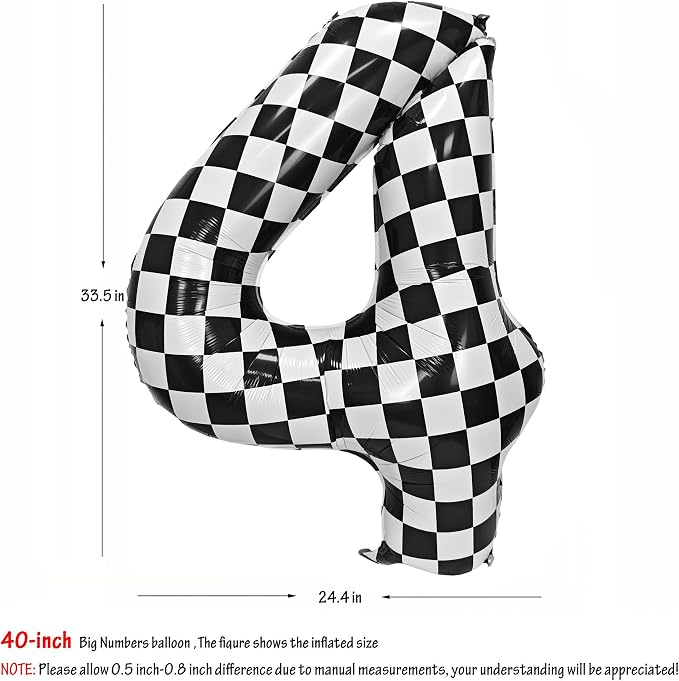 40In Black White Checkered Number 4 Balloon Race Car Digital Foil 4 Balloon | - Image 2