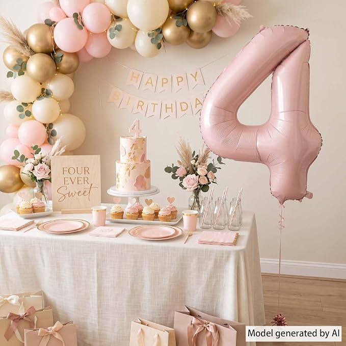 Baby Pink Number 4 Balloon 40 Inch, Blush Foil Festive Theme Party Supplies | - Image 3