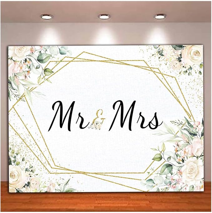 10x8FT Mr & Mrs White Floral Bridal Shower Backdrop Mr Mrs Wedding Theme Photo by Qian