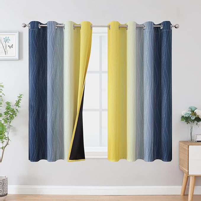 Navy Blue and Yellow Blackout Curtains 54 Inch Length, Full Light Blocking by ESTELARTEXTILER