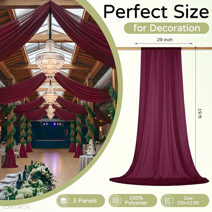 Wedding Arch Draping Fabric 29" x 19Ft Sheer Drapes for Backdrop Wedding Ceremony Reception Ceiling Decor Curtain Baby Bridal Shower Decoration (Burgundy, 3 Panels)