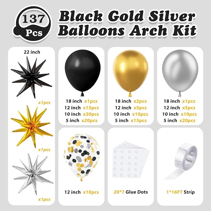 LOOLEY 137Pcs Black Gold and Silver Balloons Garland Arch Kit - Image 3