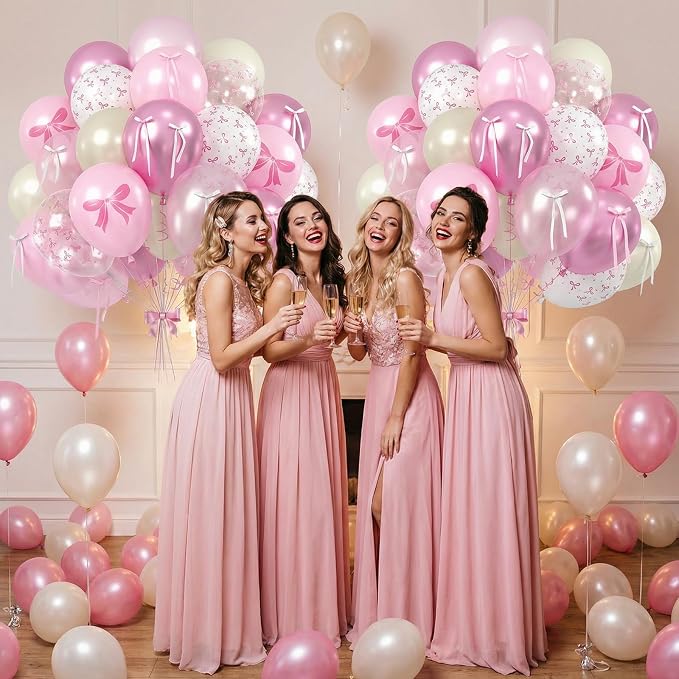 Pink Bow Balloons, 12 Inch Pastel Pink White Bow Printed Balloons - Image 7