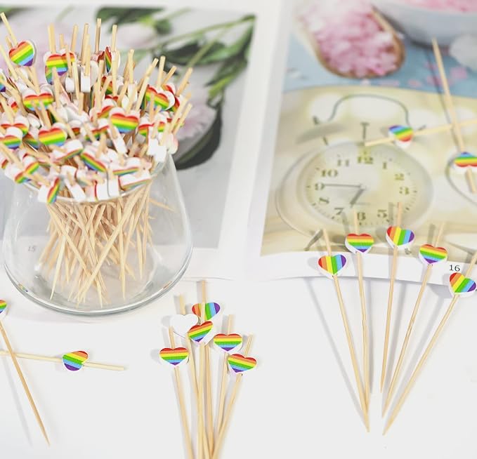 100pcs Rainbow Color Love Heart Cocktail Picks Rainbows Stripe Decoration - Image 5