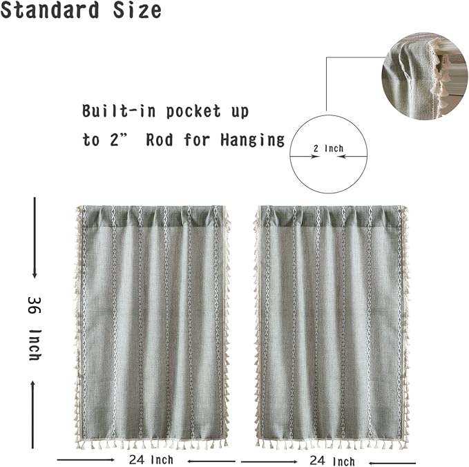 RoomTalks Sage Green Boho Farmhouse Kitchen Curtains 36 Inch Length Striped - Image 3