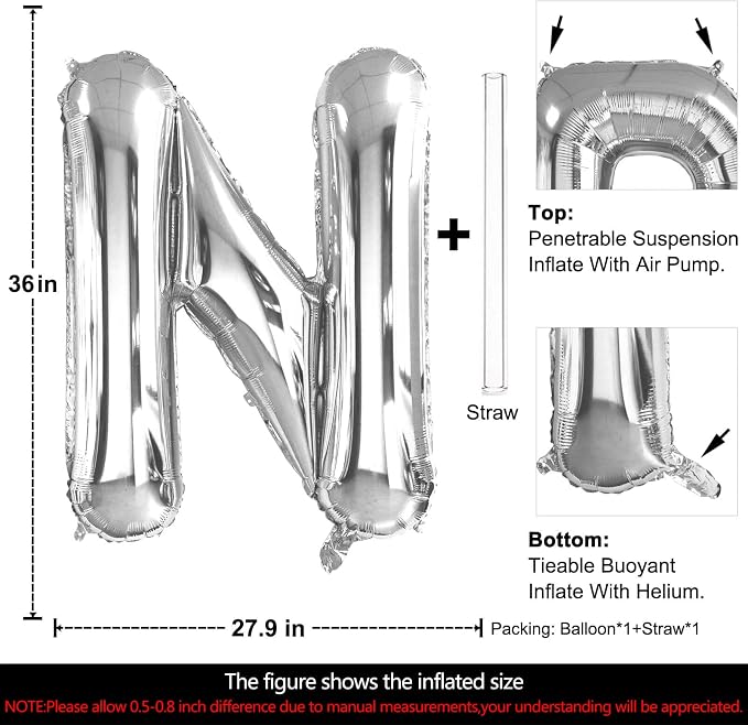 Lovoir 40 Inch Large Silver Letter N Balloons Big Size Jumbo Mylar Foil Helium - Image 2