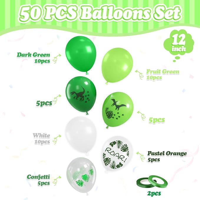 FunHot Dinosaur Balloons, 12 Inch Fruit Green White Latex Balloons, Leaf - Image 2