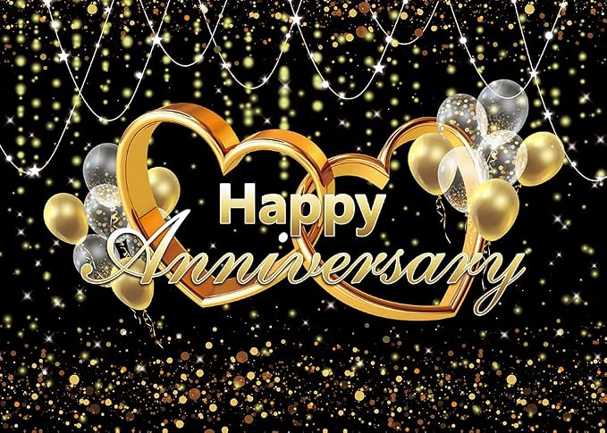 Happy Anniversary Backdrop Black and Gold Balloons Photography Background Poster - Image 5