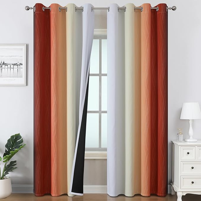 Burnt Orange and Greyish White Ombre Blackout Curtains 84 Inch Long by ESTELARTEXTILER